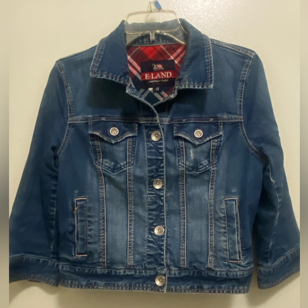 Vintage Womens E Land Denim Jacket M Medium 170 92A Crop 3/4 Sleeve Dark Blue